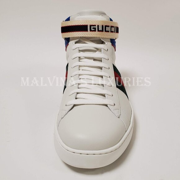 GUCCI SNEAKERS MENS ACE LOGO STRIPE WEB SNAKE BACK HITOP SHOES 6.5G / US 7 - Picture 7 of 13